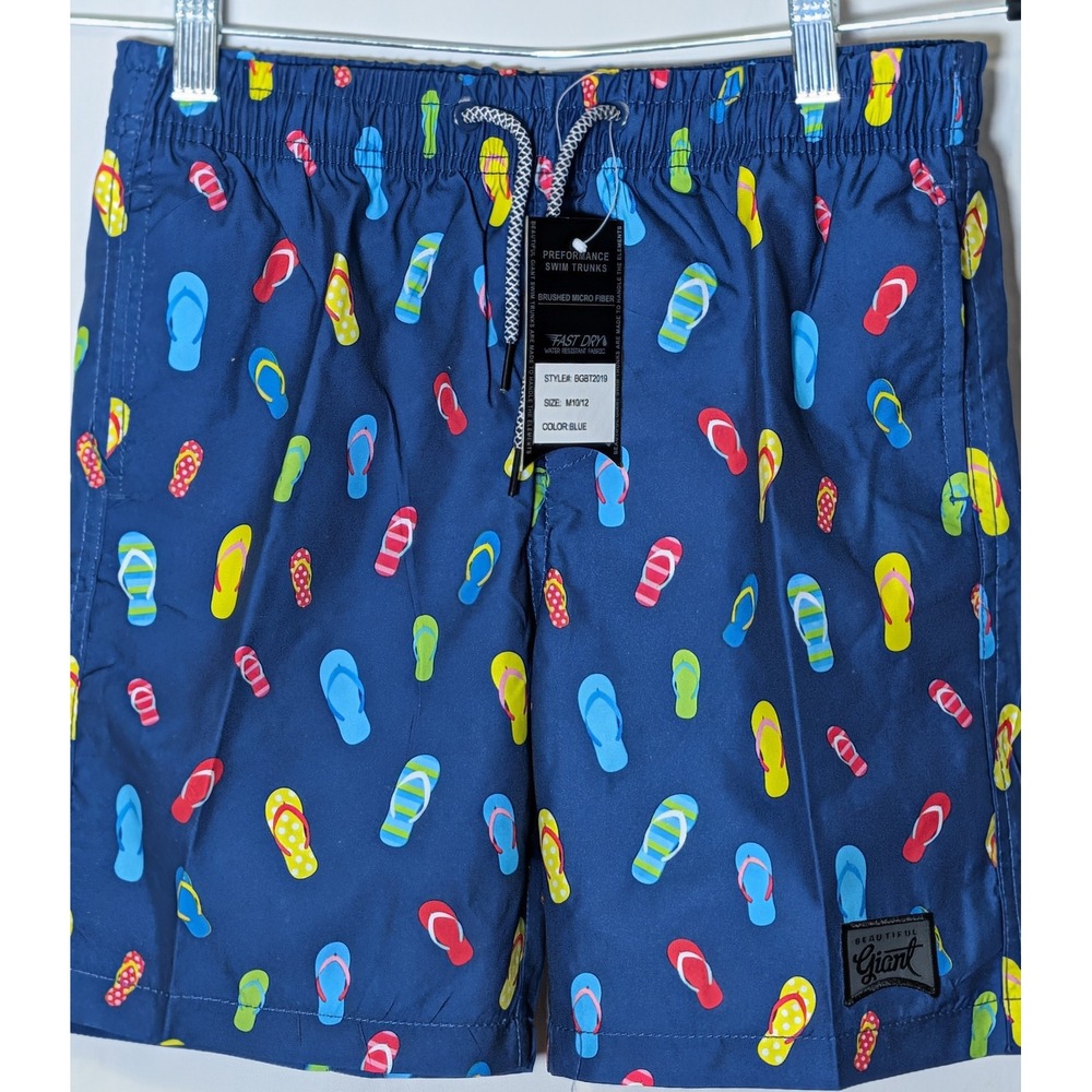NWT Beautiful Giant Boys Swim Trunks Size M 10/12 Blue Flip Flop Print Fast Dry